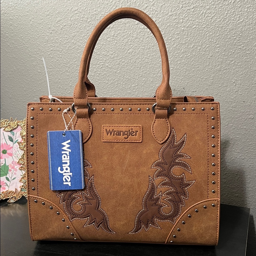 Wrangler embroidered & studded boot scroll tote bag